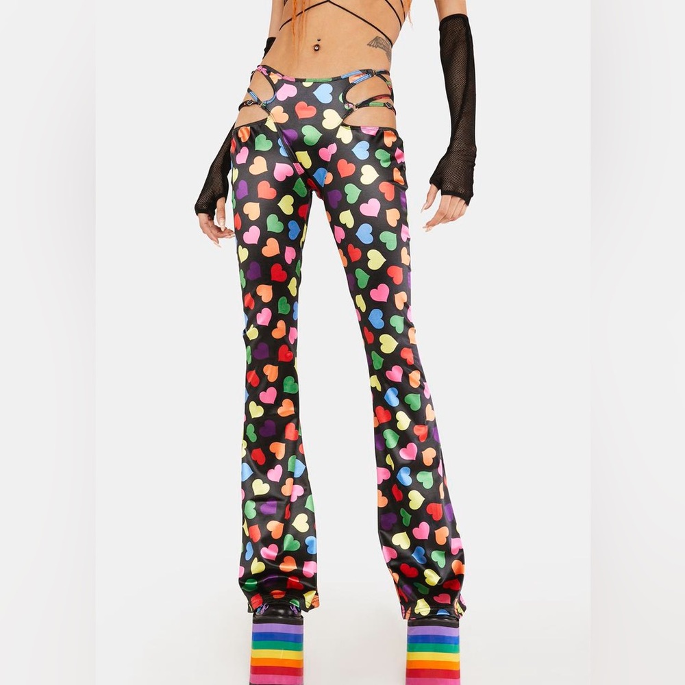 💔SOLD💔CLUB EXX Circle Of Love Rainbow Heart Print Cut Out Flare Pants Black M - Picture 5 of 5
